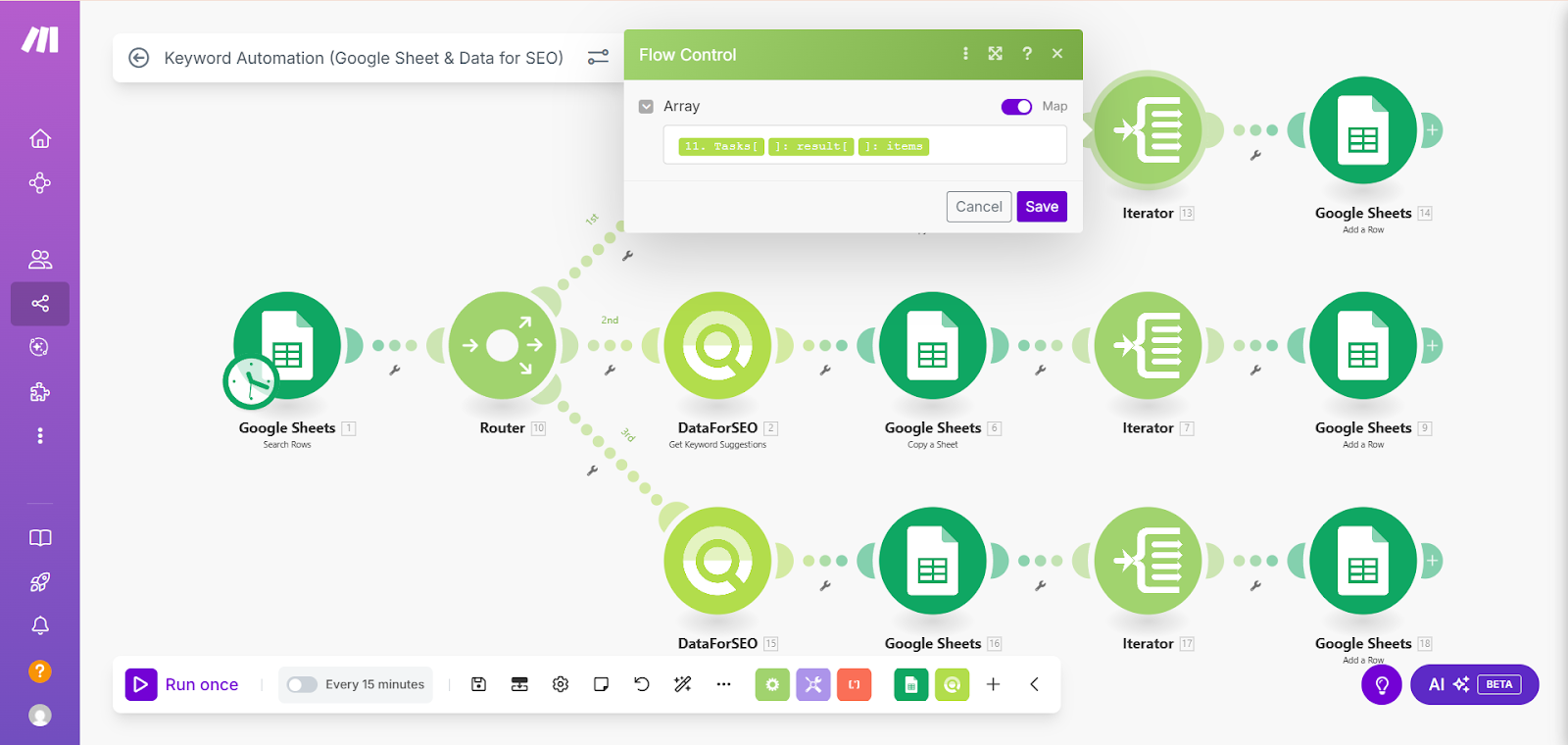Make workflow using an Iterator module to split raw API data into clean rows for SERP results