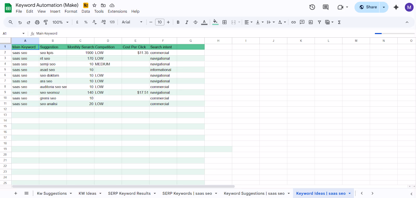 Google Sheet with keyword suggestions, search volume, CPC, and intent populated automatically