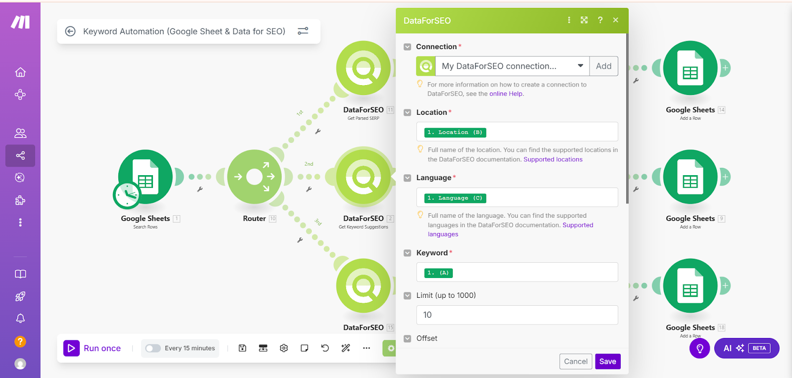 Make workflow sending API requests to DataForSEO for keyword suggestions, ideas, and SERP results