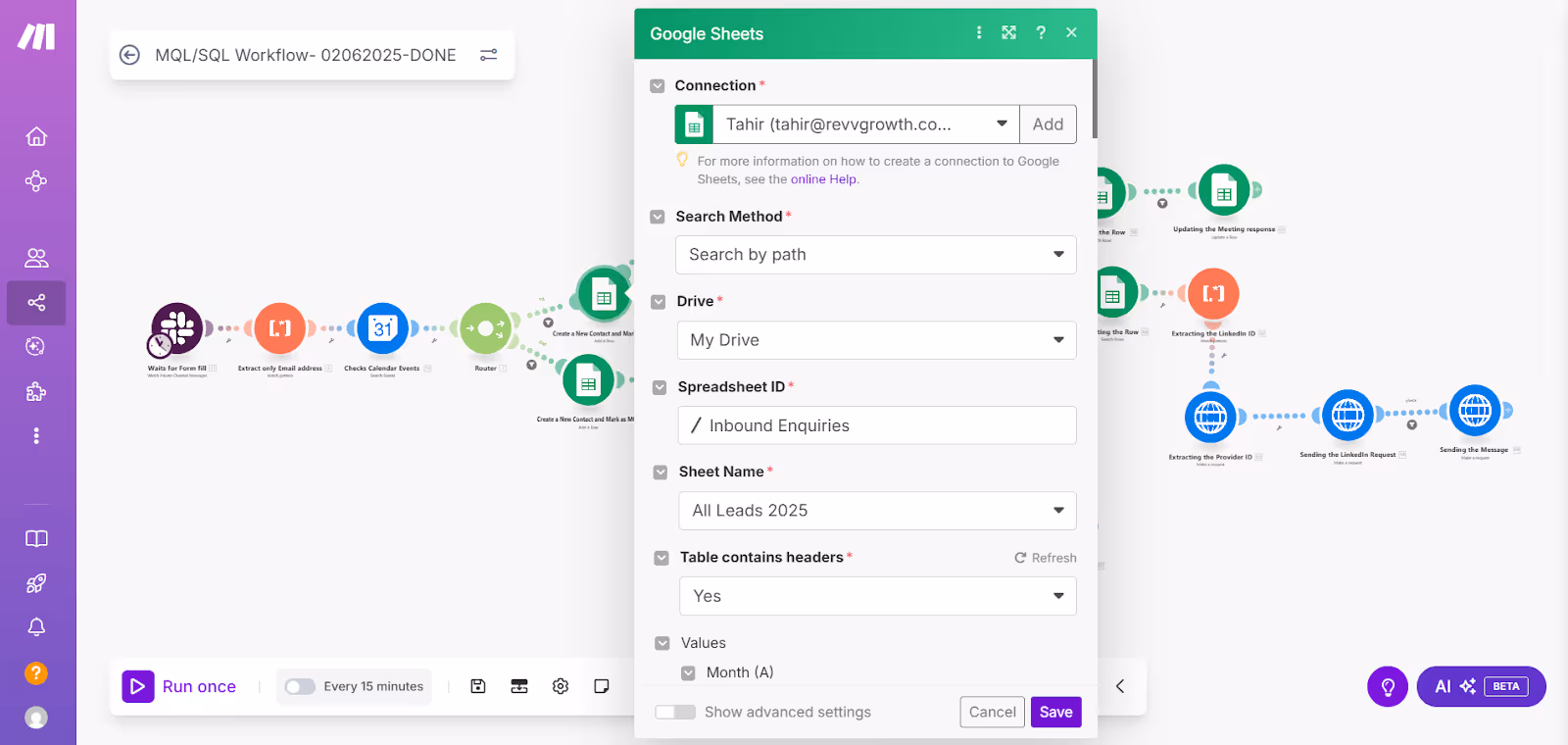 Make workflow updating Google Sheet automatically with lead stage tags MQL or SQL