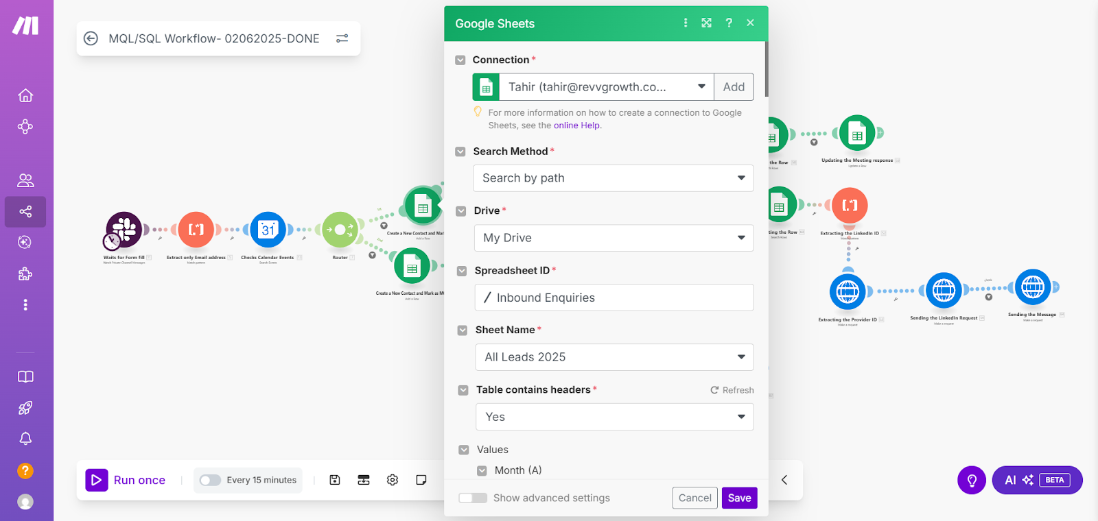 Make workflow updating Google Sheet automatically with lead stage tags MQL or SQL