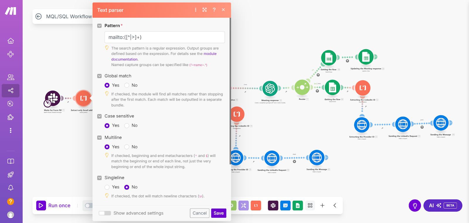 Make workflow extracting email addresses from form data using a text parser