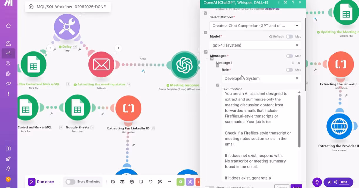 Workflow step for meeting validation with Fireflies and ChatGPT to update lead status