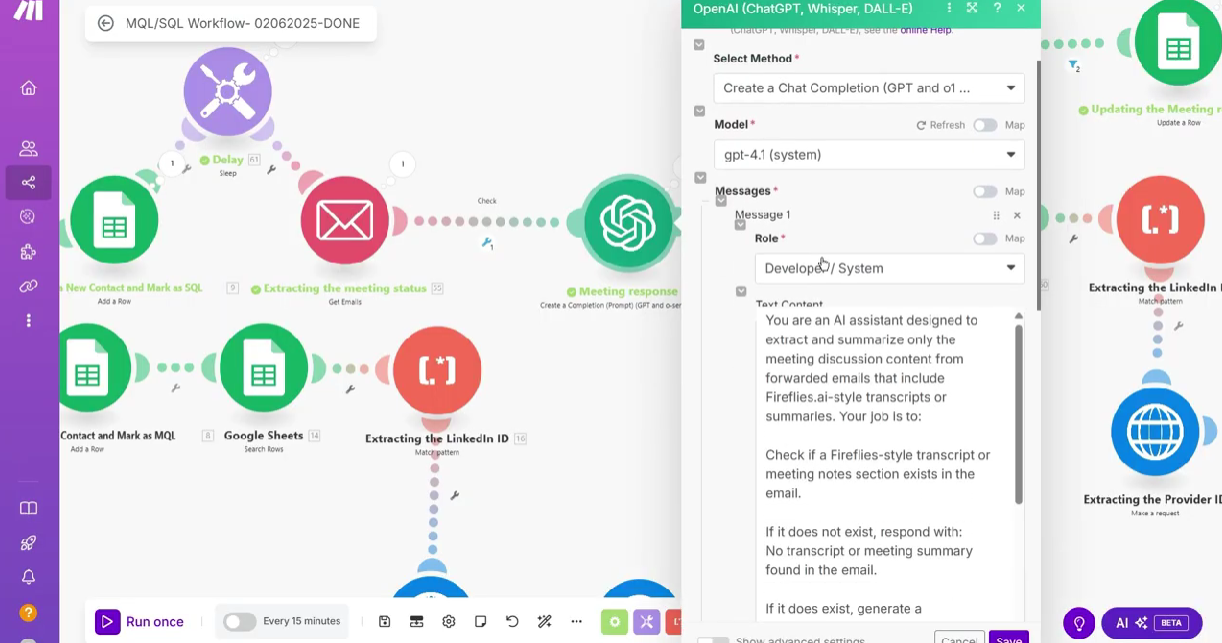 Workflow step for meeting validation with Fireflies and ChatGPT to update lead status