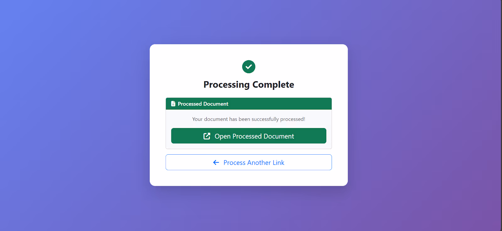 Confirmation screen showing successful RFI response creation with option to download the document