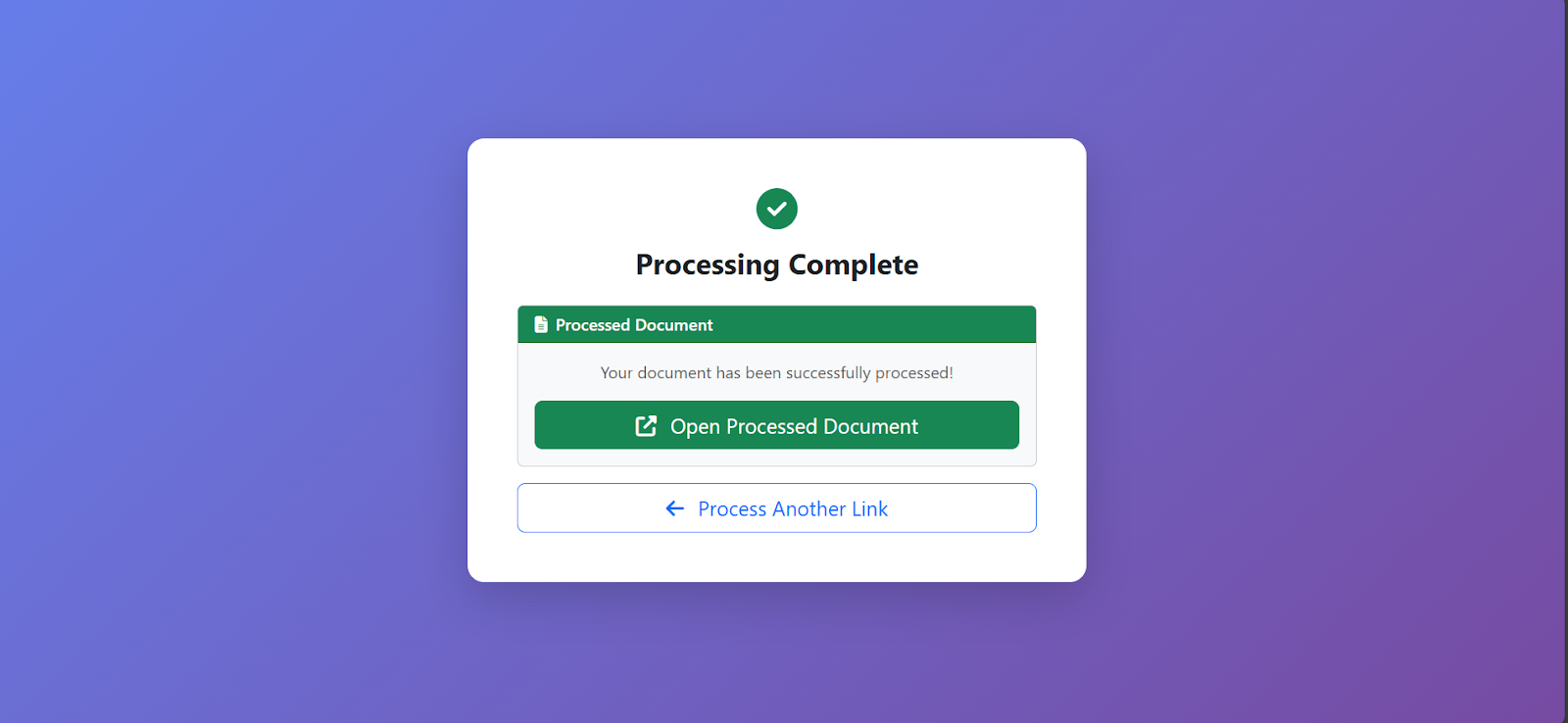 Confirmation screen showing successful RFI response creation with option to download the document