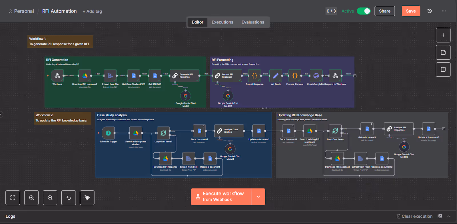 Screenshot of RFI automation workflow with connected steps from data collection to response generation