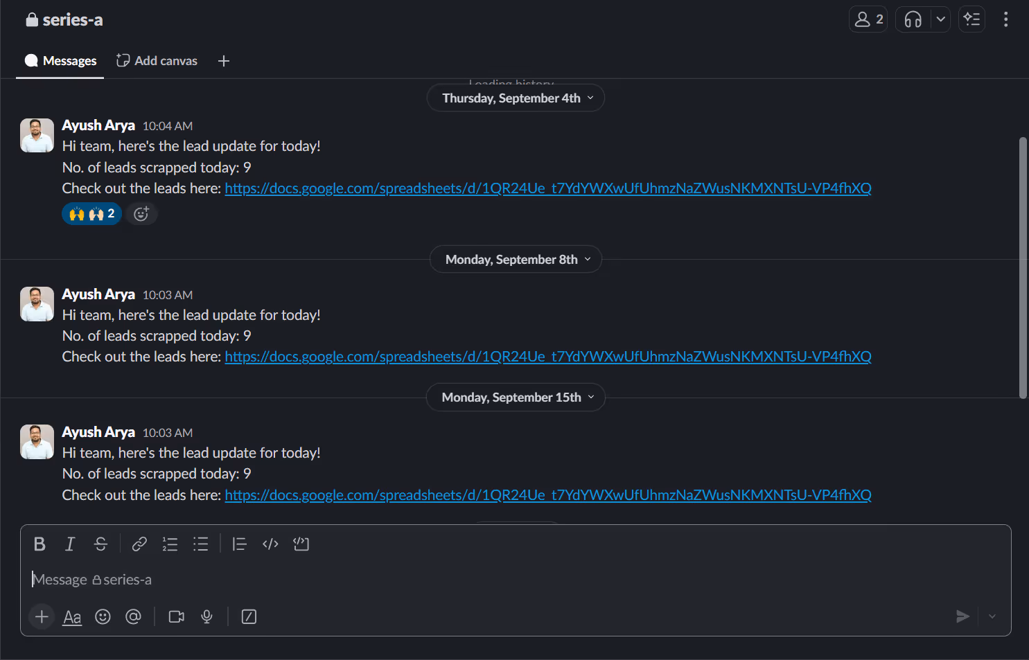 Slack channel with automated Series funding lead updates
