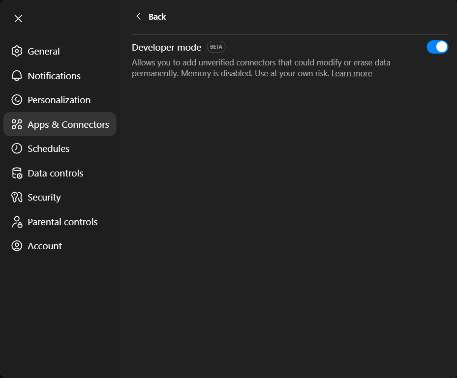 ChatGPT Developer Mode showing MCP server added.