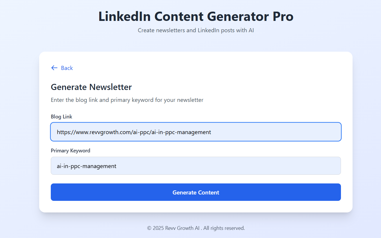 LinkedIn content generator newsletter front end