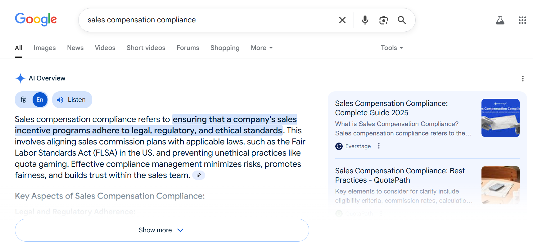 Google AI Overview explaining sales compensation compliance.