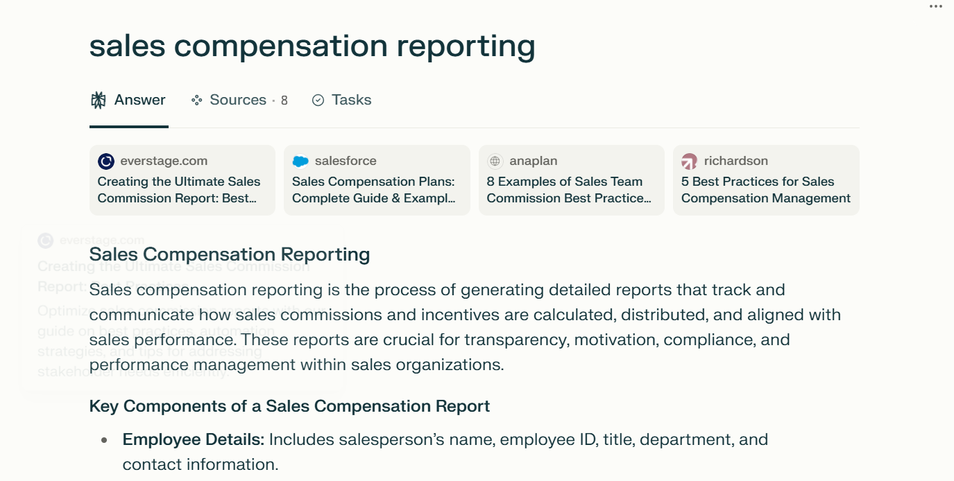 AI answer citing Everstage and other sources to explain sales compensation reporting and commission transparency.