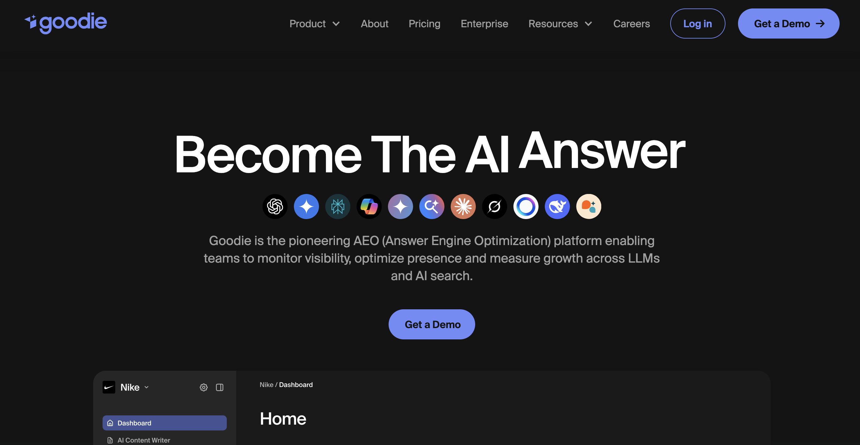 Screenshot of the Goodie homepage with the headline “Become The AI Answer,” describing its AEO (Answer Engine Optimization) platform for monitoring visibility and optimizing presence across LLMs and AI search, with navigation links and a “Get a Demo” call-to-action button.