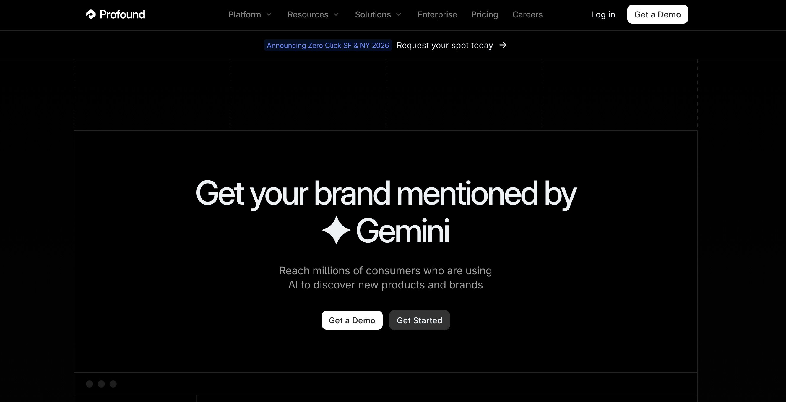 Screenshot of the Profound homepage with the headline “Get your brand mentioned by Gemini,” promoting AI-driven brand visibility, with navigation links and “Get a Demo” and “Get Started” call-to-action buttons.