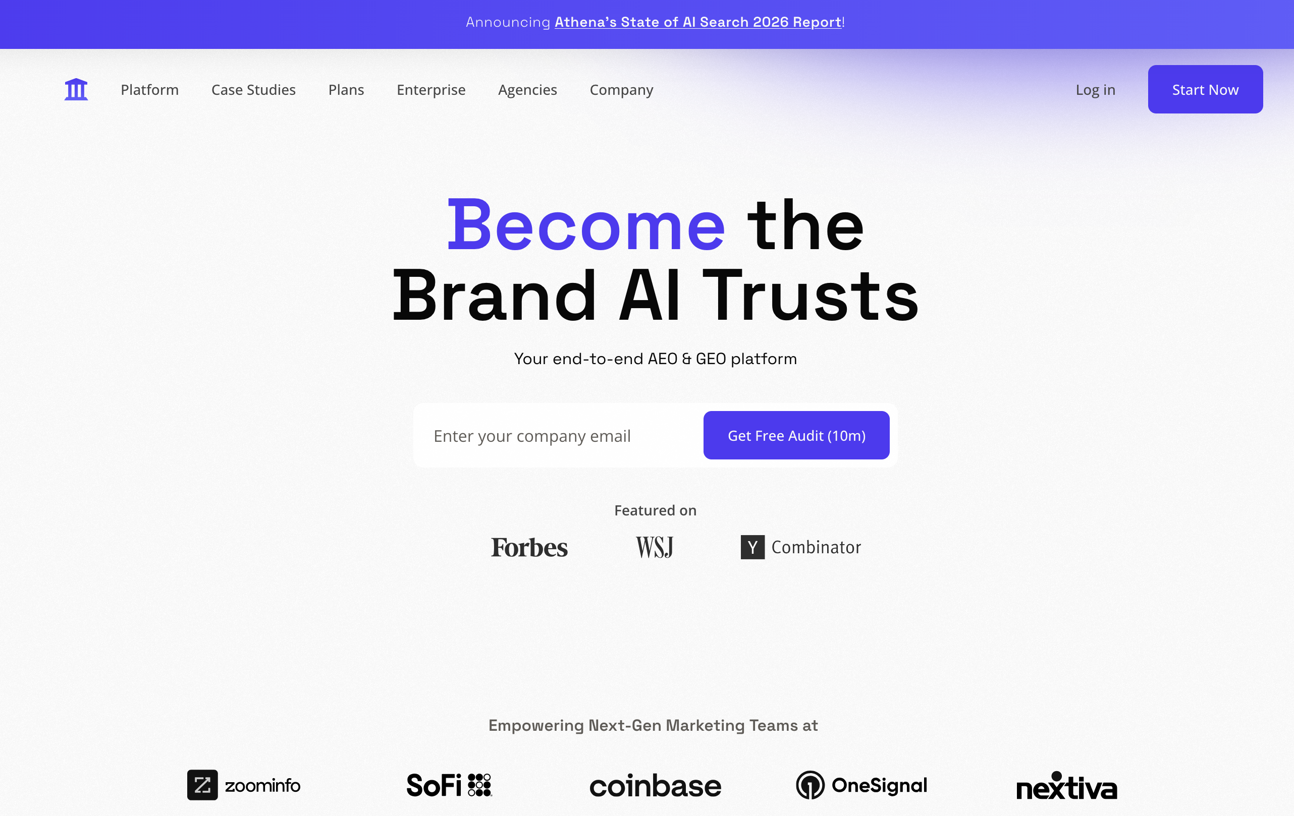 Homepage with bold text: “Become the Brand AI Trusts.” Features menu options and a free audit button. Logos of Forbes, WSJ, and tech companies are displayed.