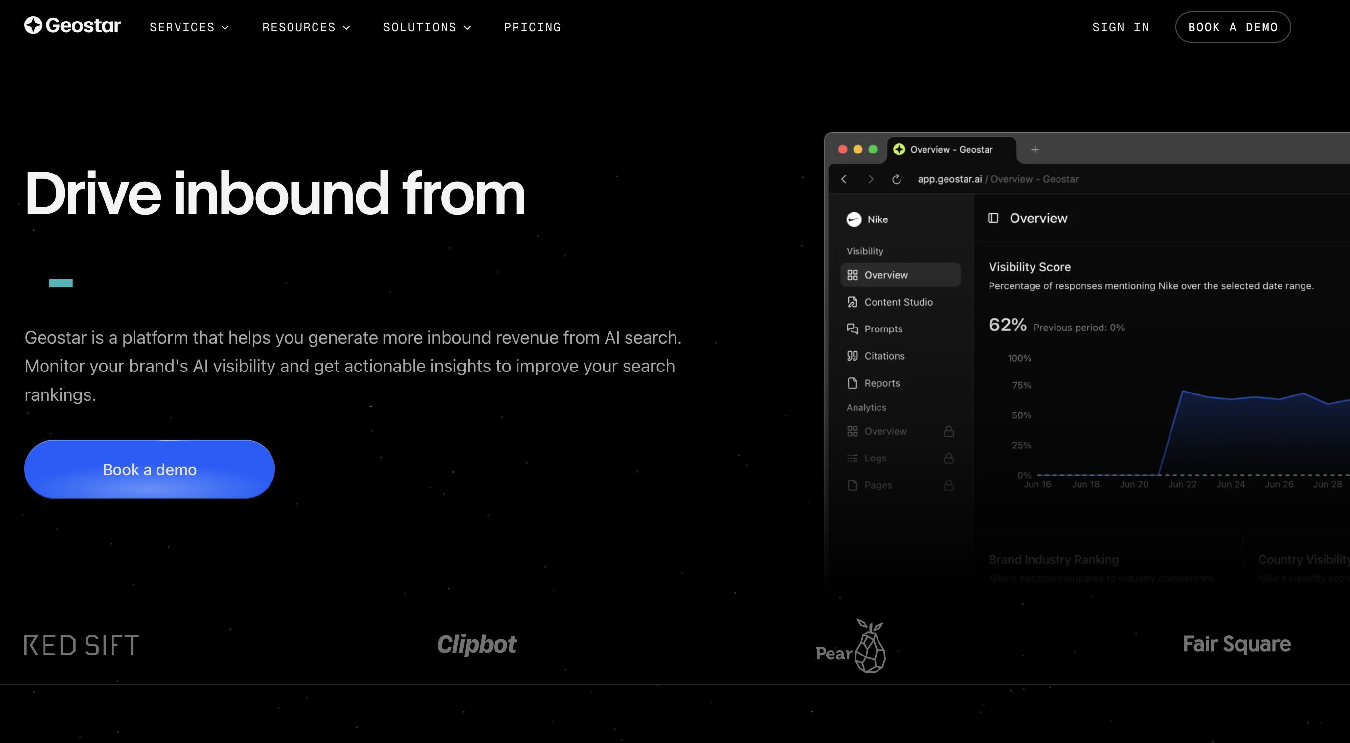 Geostar website homepage showing a dark-themed design with white text. Left side features a headline about increasing inbound revenue via AI. Right side displays a dashboard with a visibility score and graph. A blue 'Book a demo' button stands out.