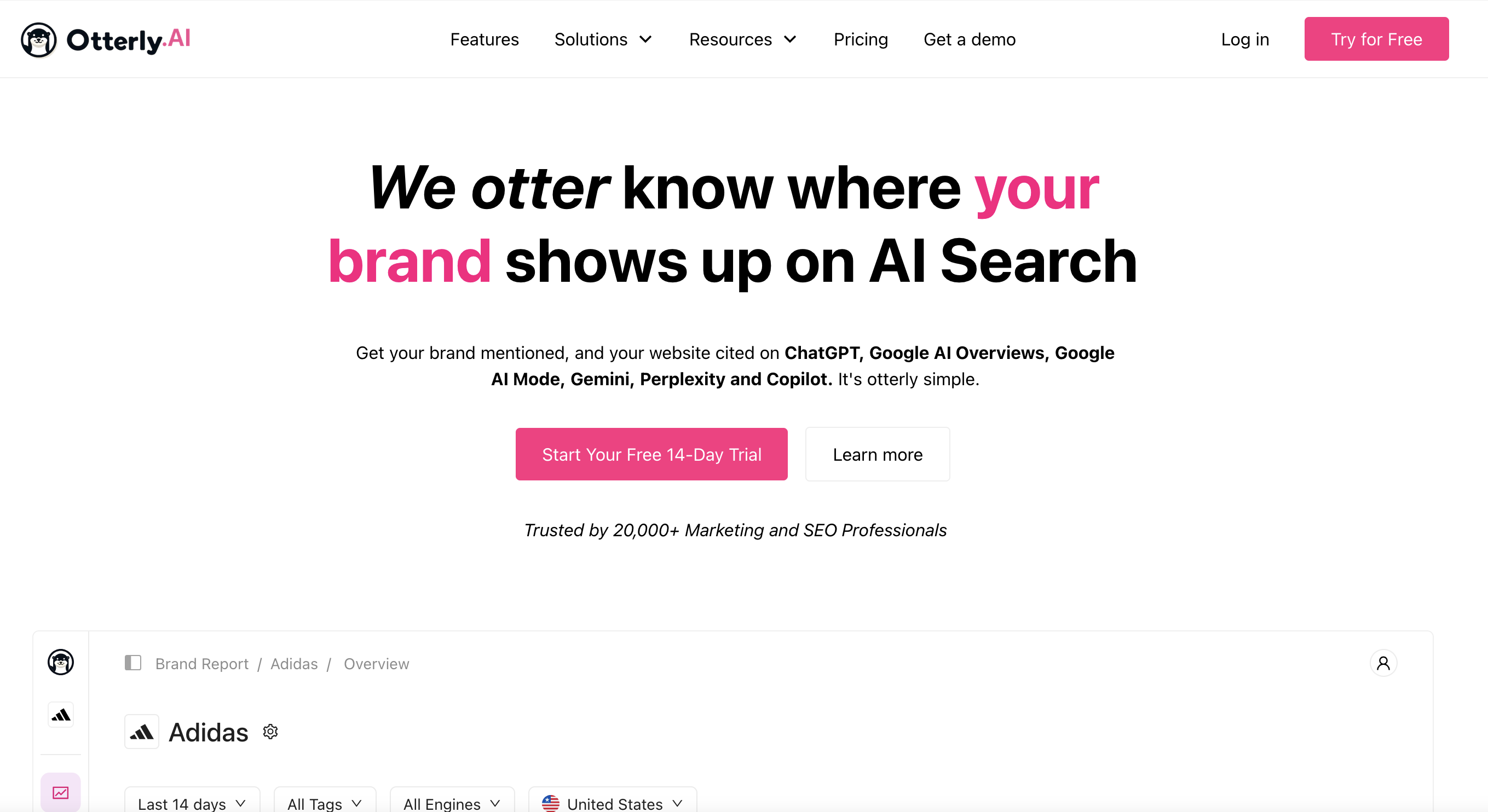 Otterly AI homepage with bold headline ‘We otter know where your brand shows up on AI Search’ in black and pink text. Includes buttons for a free trial and brand report, with logos and options for features, solutions, and resources at the top. The design is clean and modern.