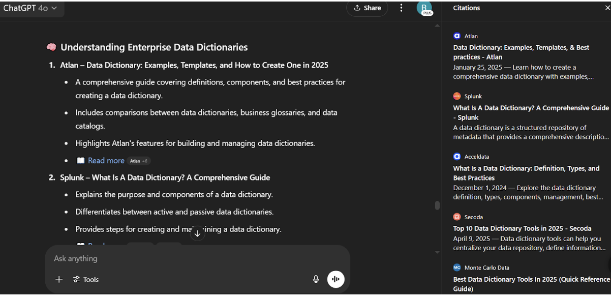 Atlan appearing on ChatGPT for a high intent keyword “Enterprise data dictionary” after Revv Growth’s GEO services.