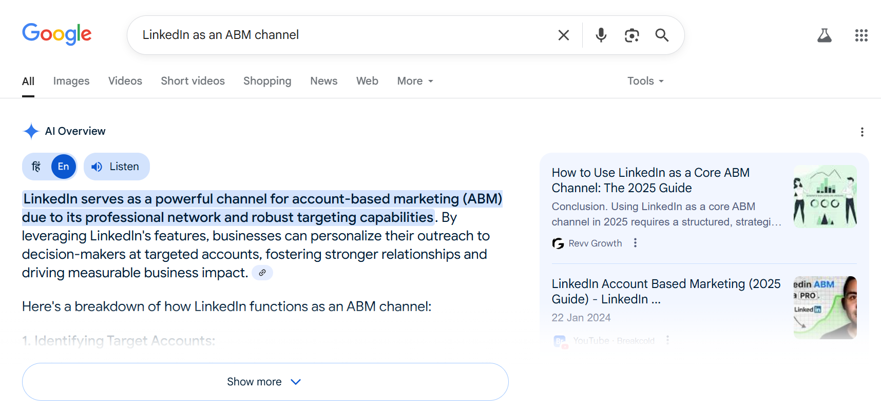 Google AI Overview citing Revv Growth content on using LinkedIn as an ABM channel with professional targeting capabilities.