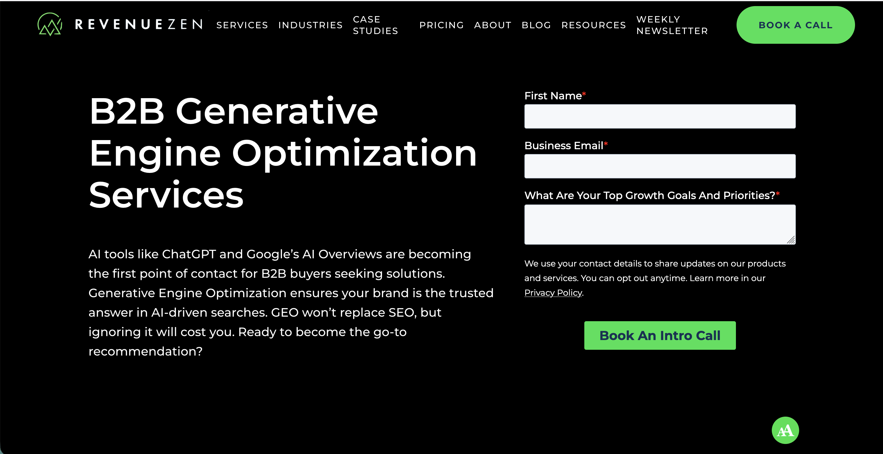 RevenueZen page offering B2B generative engine optimization services.