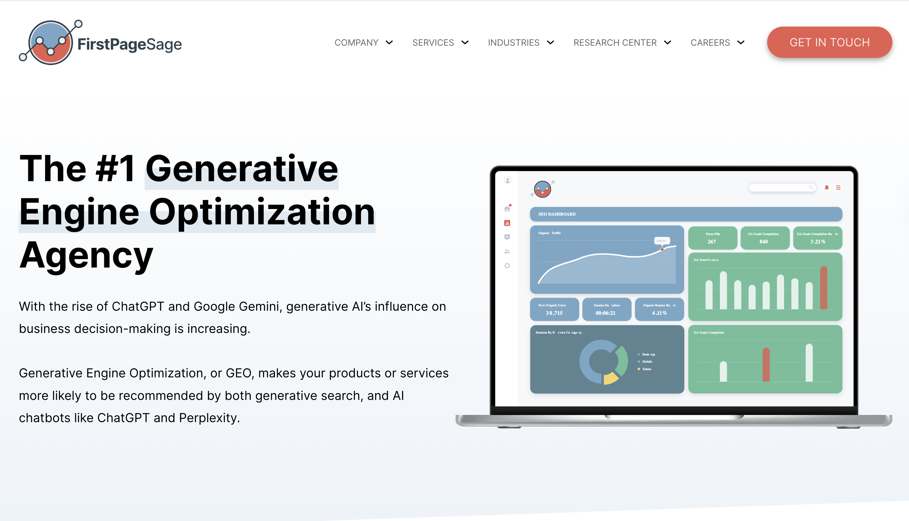 FirstPageSage homepage promoting generative engine optimization services.