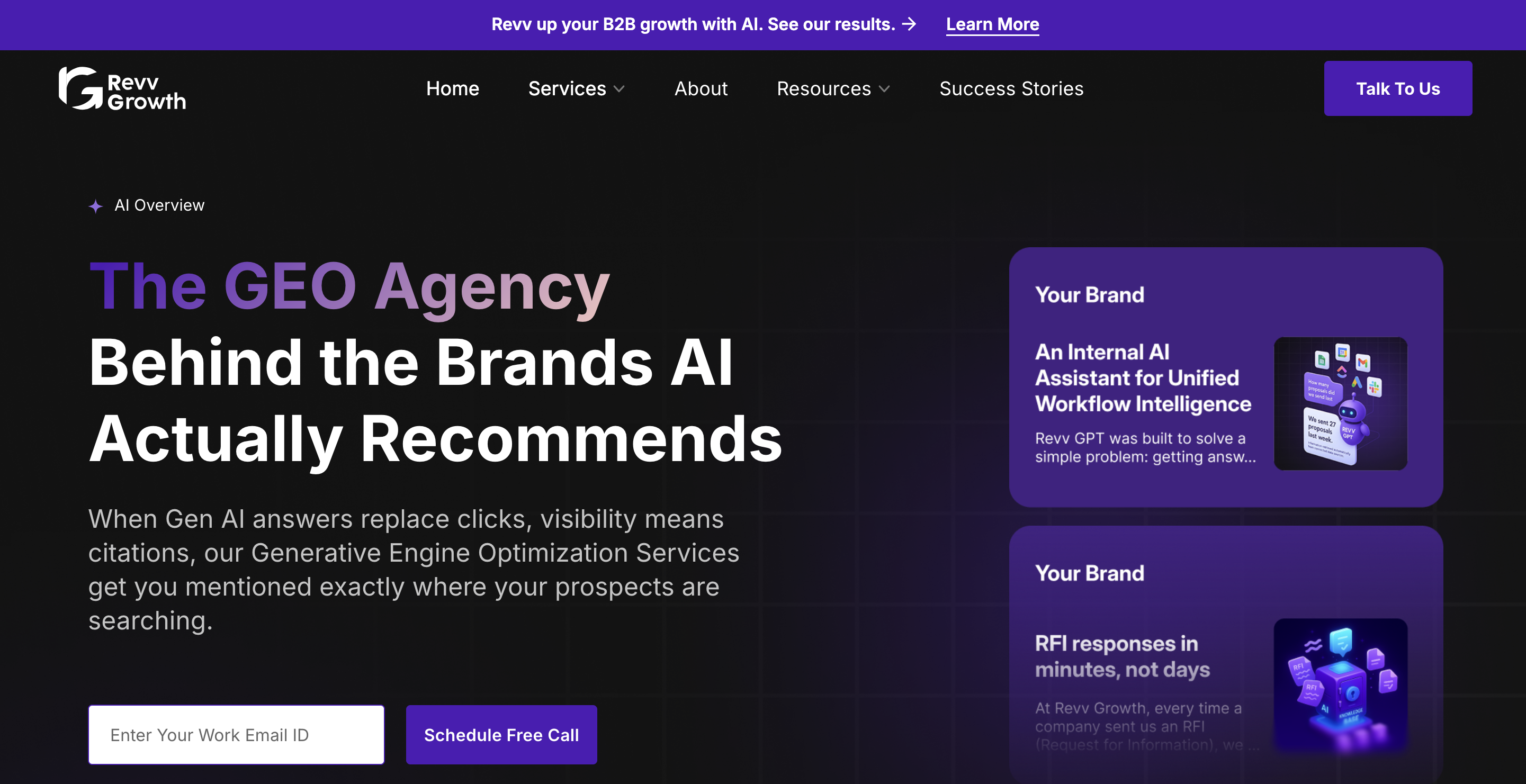 Revv Growth homepage highlighting GEO services that help brands get recommended by AI.