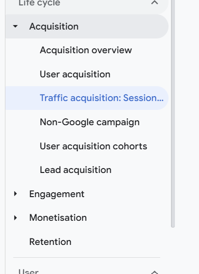 GA4 left menu with "Traffic acquisition" selected under Acquisition