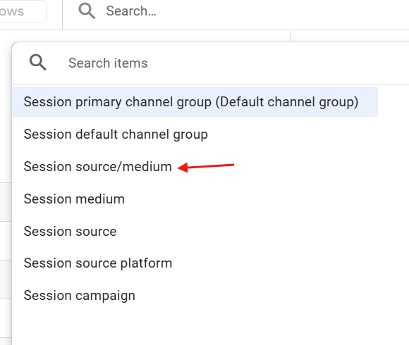 GA4 dimension dropdown with "Session source/medium" highlighted