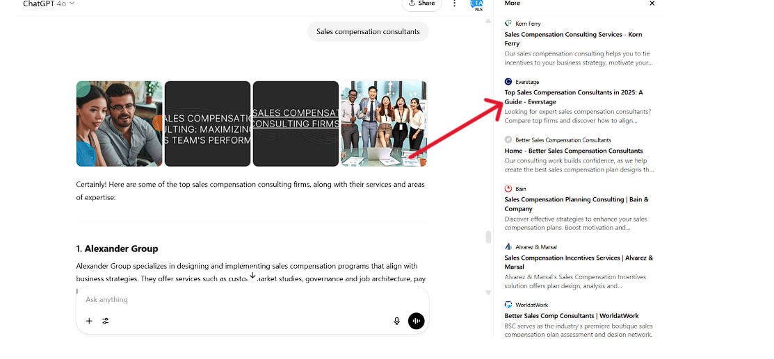 Everstage as a primary citation in ChatGPT for sales compensation consultants.