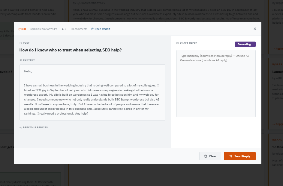 Buyer question scraped from relevant subreddits being answered