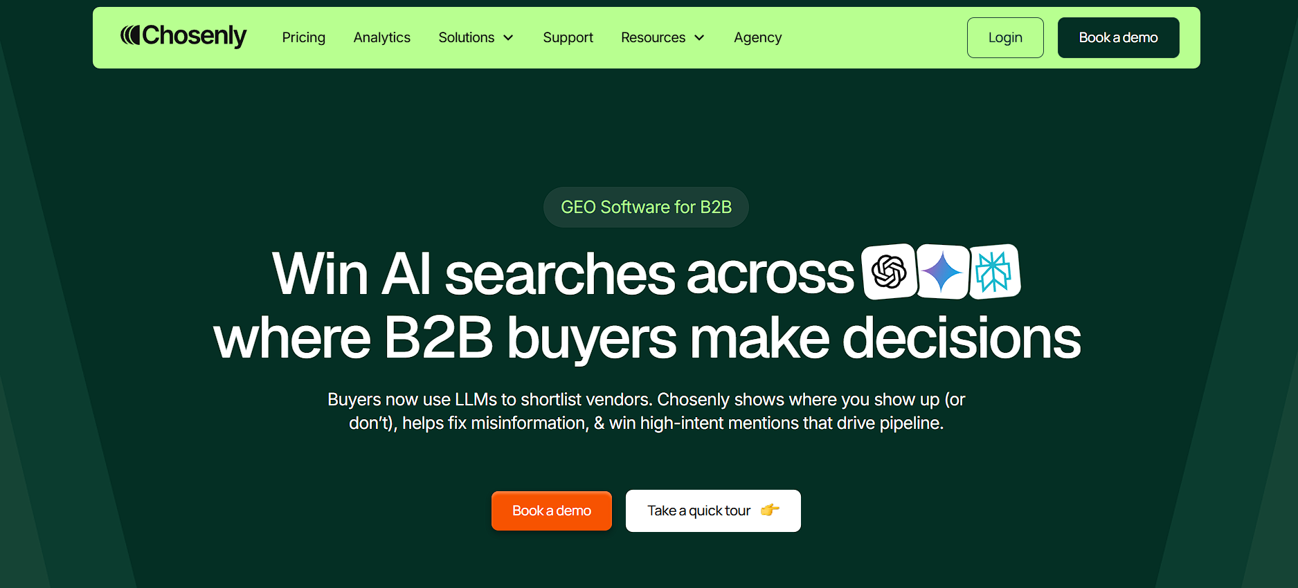 Screenshot of the Chosenly homepage with the headline "Win AI searches across where B2B buyers make decisions," labeled as GEO Software for B2B, with navigation links and "Book a demo" and "Take a quick tour" call-to-action buttons