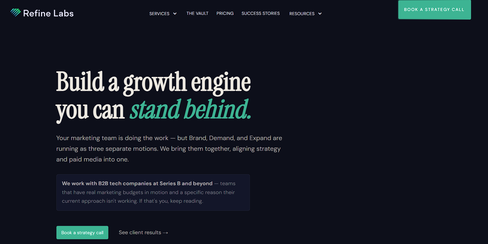 Refine Labs homepage, a B2B demand creation agency