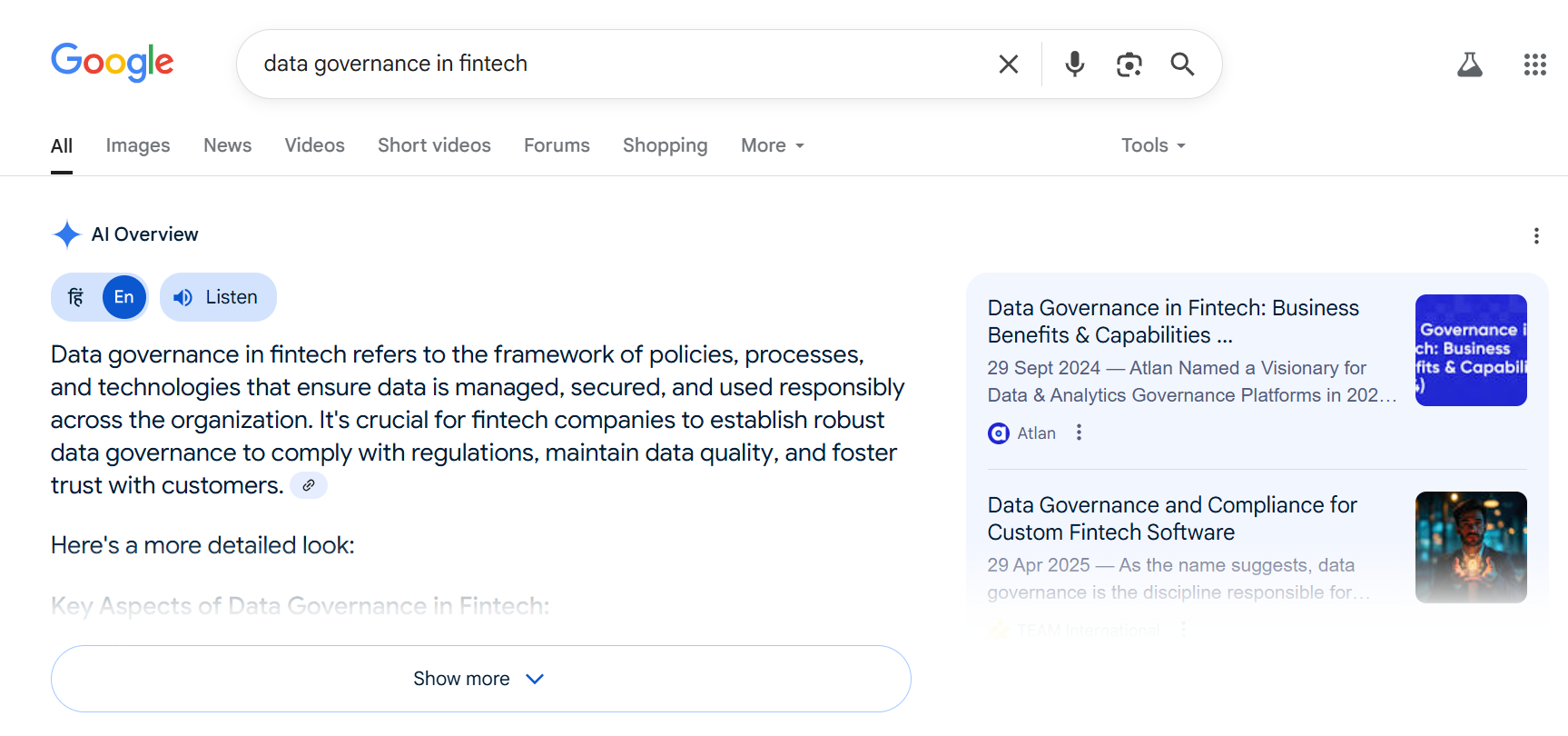 Google search results page for the query ‘data governance in fintech,’ showing an AI Overview summary explaining data governance and related article links on the right.