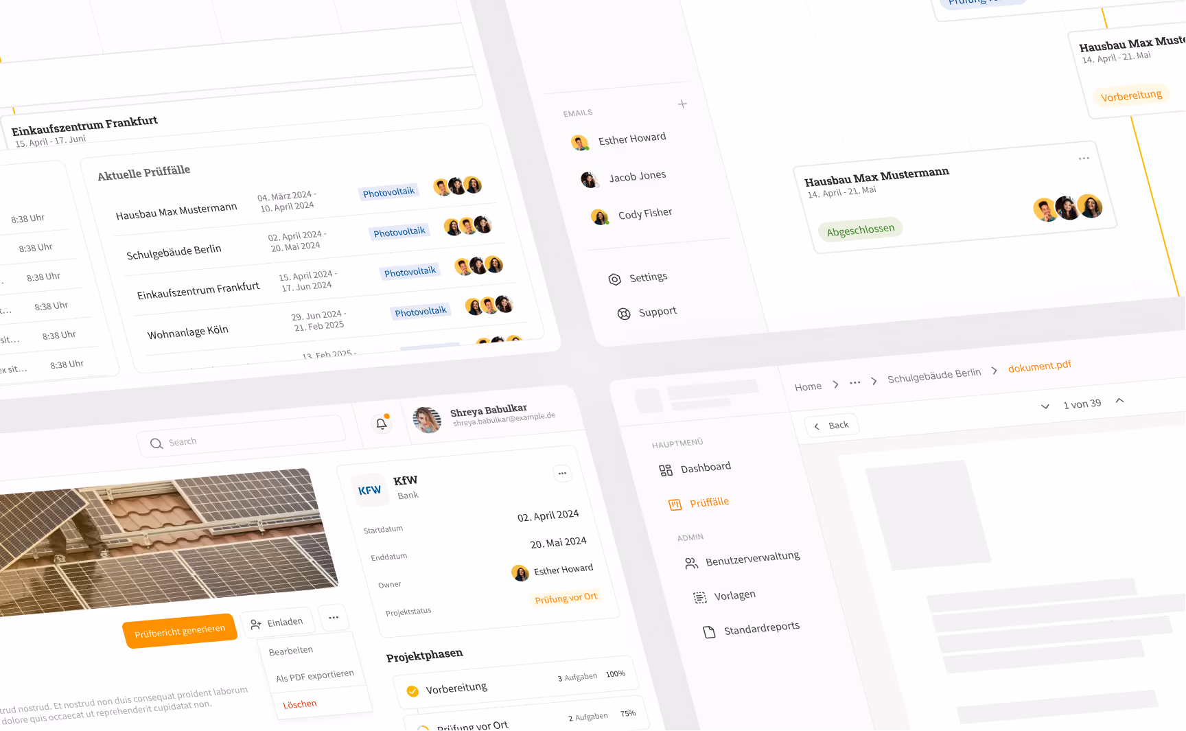 Screenshot einer webbasierten Projektmanagementanwendung mit Übersichten zu Prüfphasen, aktuellen Prüffällen, E-Mail-Kontakten und Dokumenten; zeigt Projektstatus mit Zeiträumen und Teamfotos sowie Navigationselemente wie Dashboard, Prüffälle, Benutzerverwaltung und Standardreports.