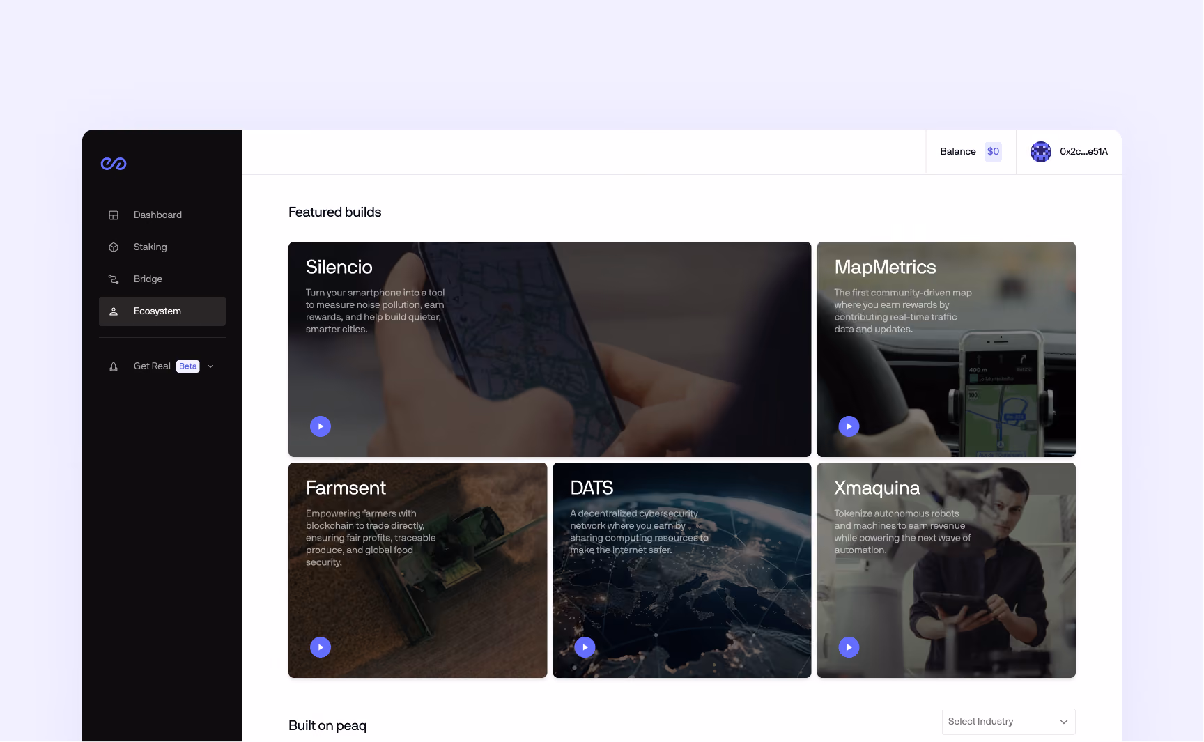 Dashboard interface with featured builds showcasing five projects: Silencio turning smartphones into noise pollution tools, MapMetrics community-driven map rewarding traffic data contributions, Farmsent empowering farmers with blockchain for fair trade, DATS decentralized cybersecurity network sharing computing resources, and Xmaquina tokenizing autonomous robots for automation revenue.