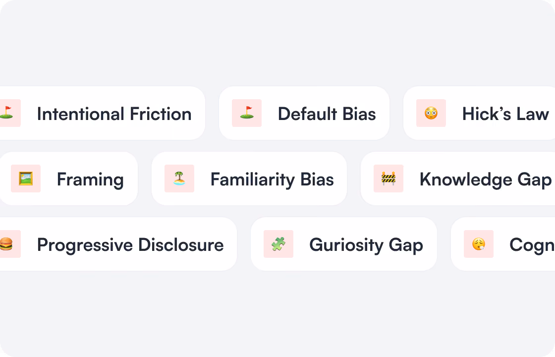 Visuelle Darstellung von UX-Konzepten mit zugehörigen Symbolen: Intentional Friction, Default Bias, Hick’s Law, Framing, Familiarity Bias, Knowledge Gap, Progressive Disclosure, Guriosity Gap und Cognitive Load.