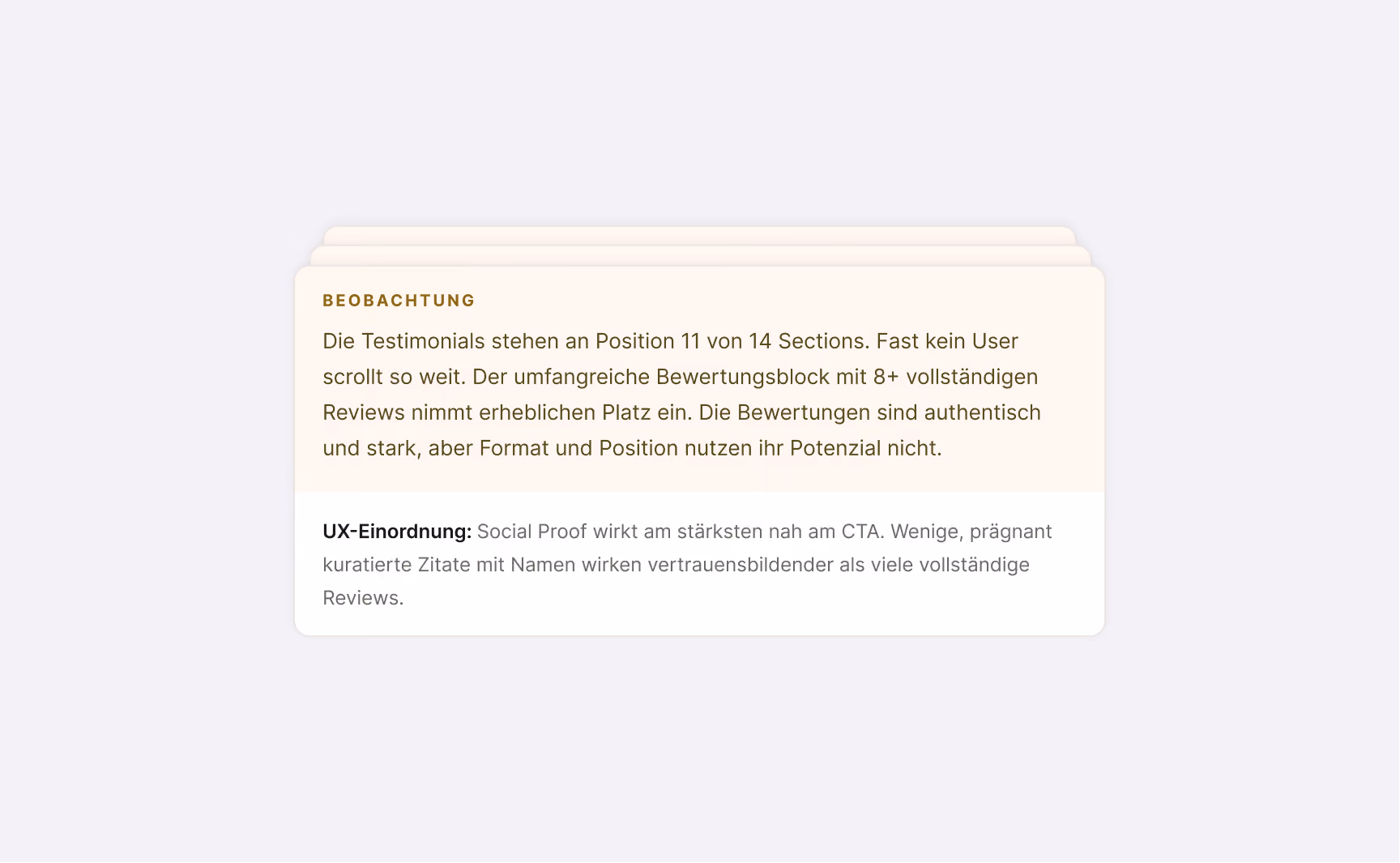 Karte mit Analyse zur Platzierung von Testimonials auf einer Webseite, die unter Beobachtung zeigt, dass Testimonials an Position 11 von 14 stehen, fast keine Nutzer so weit scrollen, ein großer Bewertungsblock mit über 8 vollständigen Reviews viel Platz einnimmt, Bewertungen authentisch und stark sind, aber Format und Position nicht optimal genutzt werden. UX-Einordnung weist darauf hin, dass Social Proof am stärksten nahe dem CTA wirkt und prägnante, kuratierte Zitate mit Namen vertrauensbildender sind als viele vollständige Reviews.