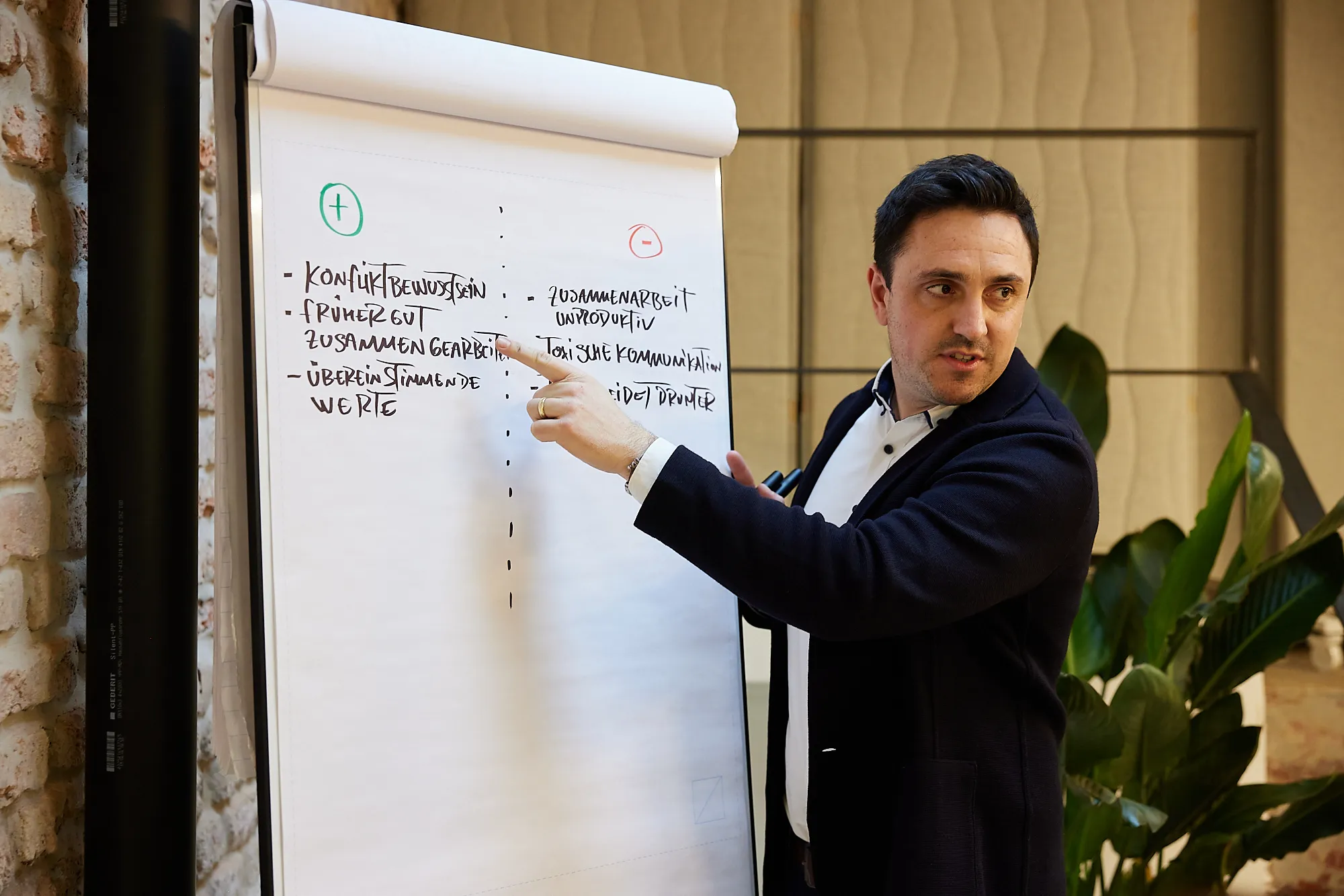 Moderator erklärt Pro und Kontra Liste am Flipchart für Team