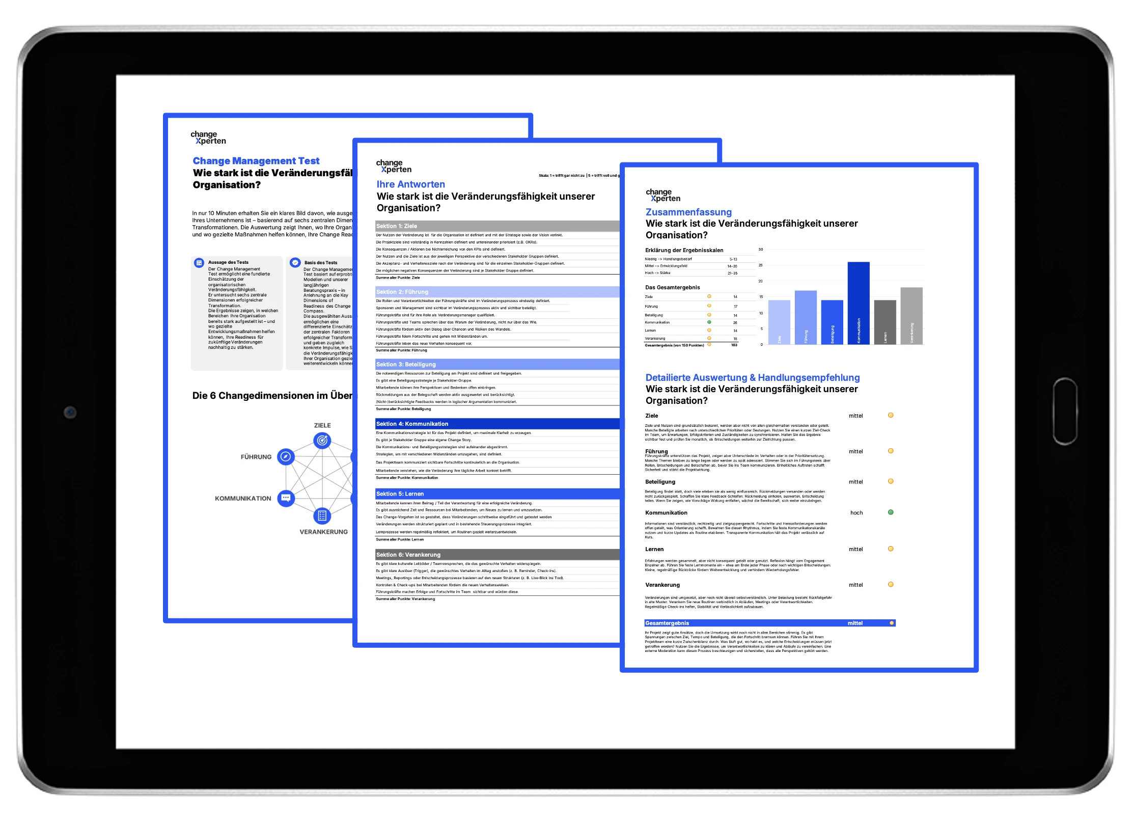 Change Management Test Ergebnisvorschau Tablet