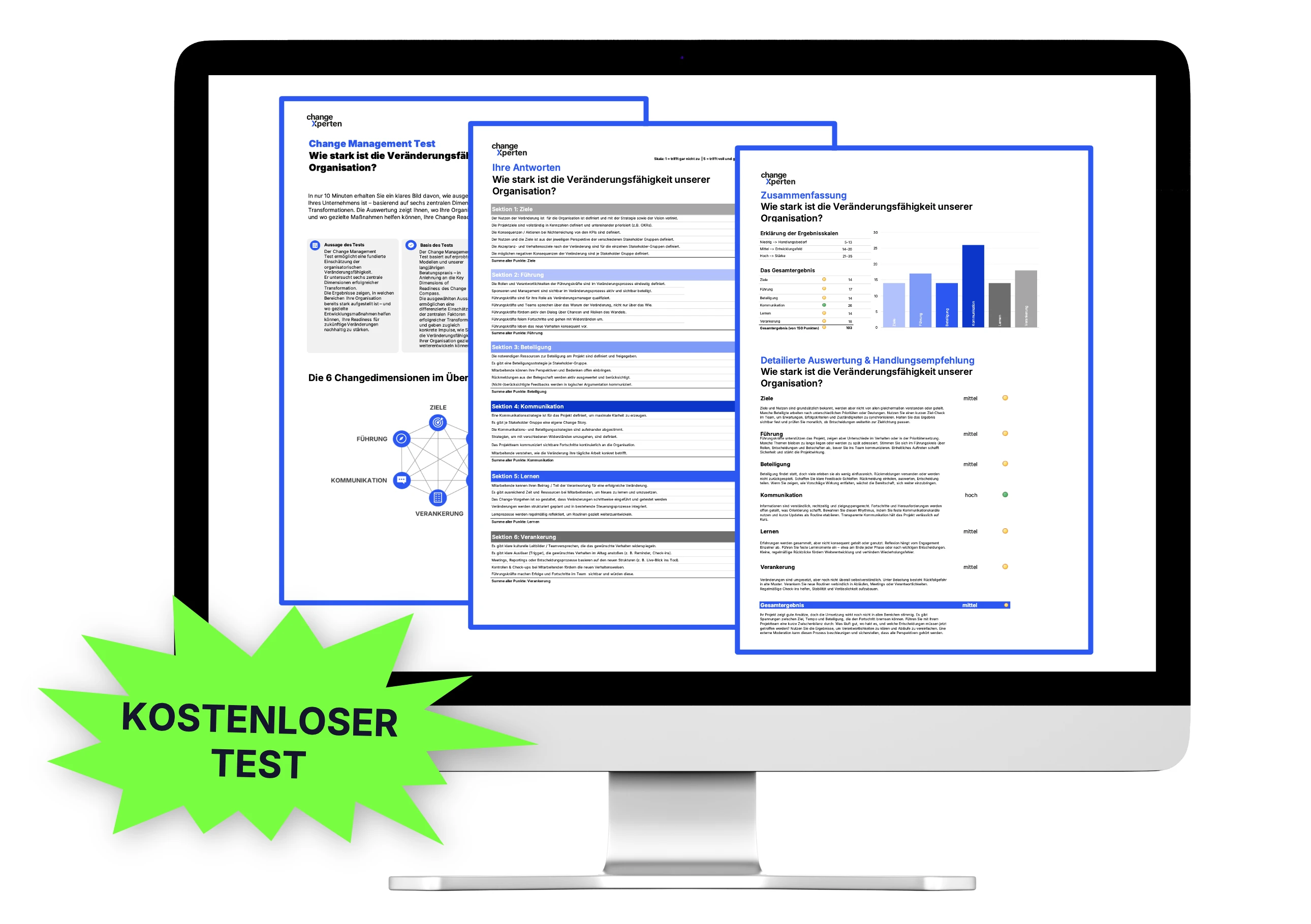 Ergebnisvorschau des kostenlosen Change Management Tests auf Bildschirm