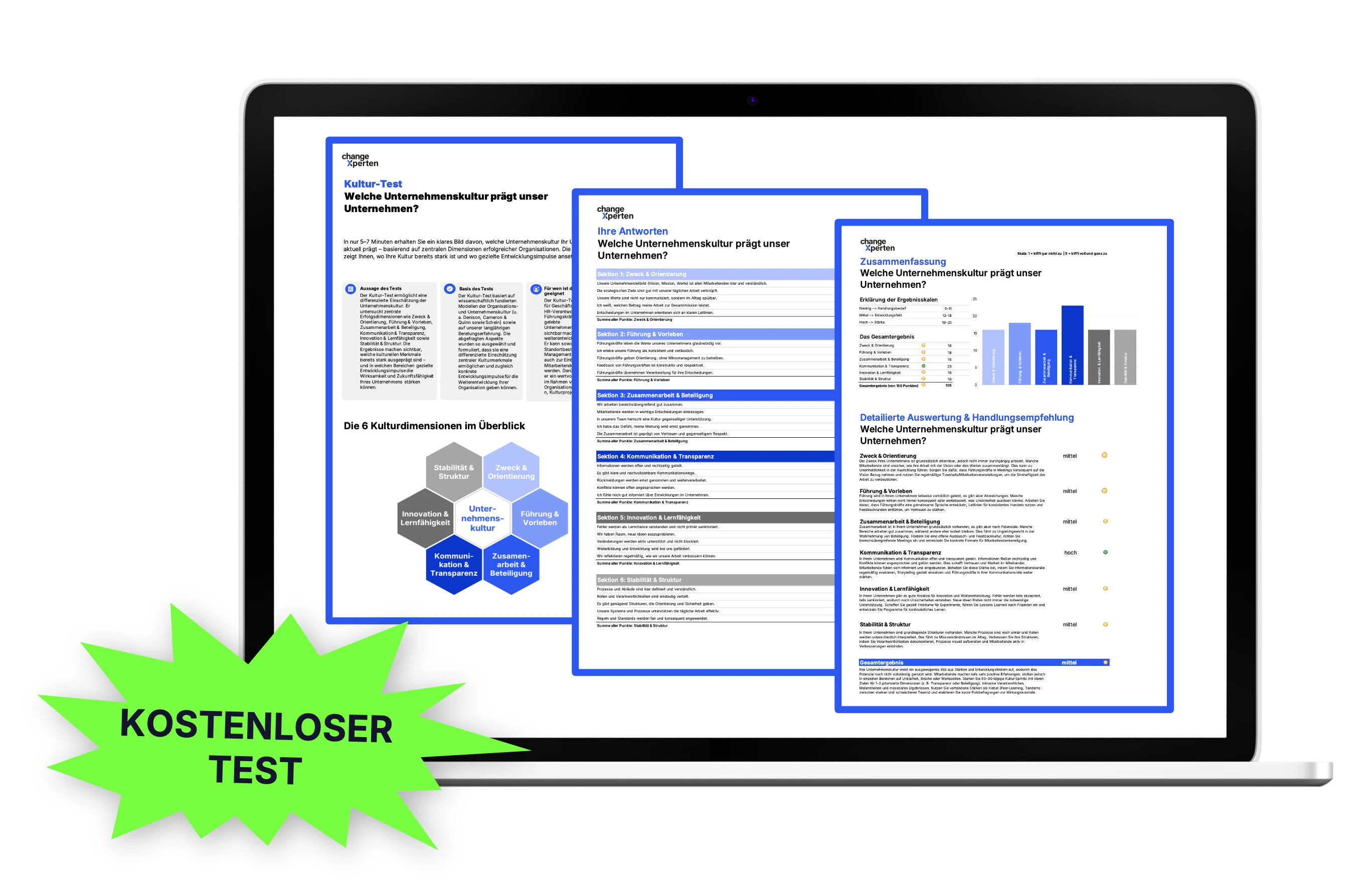 Vorschau der Ergebnisse des kostenlosen Kultur-Tests auf Laptopbildschirm