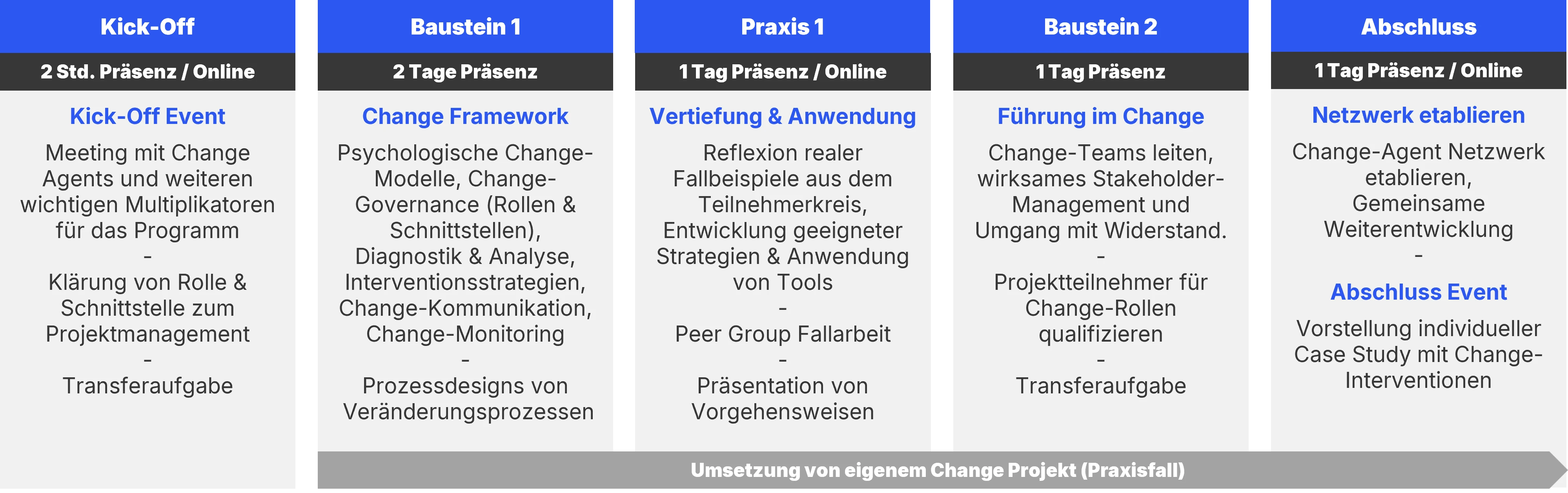Change Agent Ausbildung inhaltliche Übersicht in 5 Blöcken