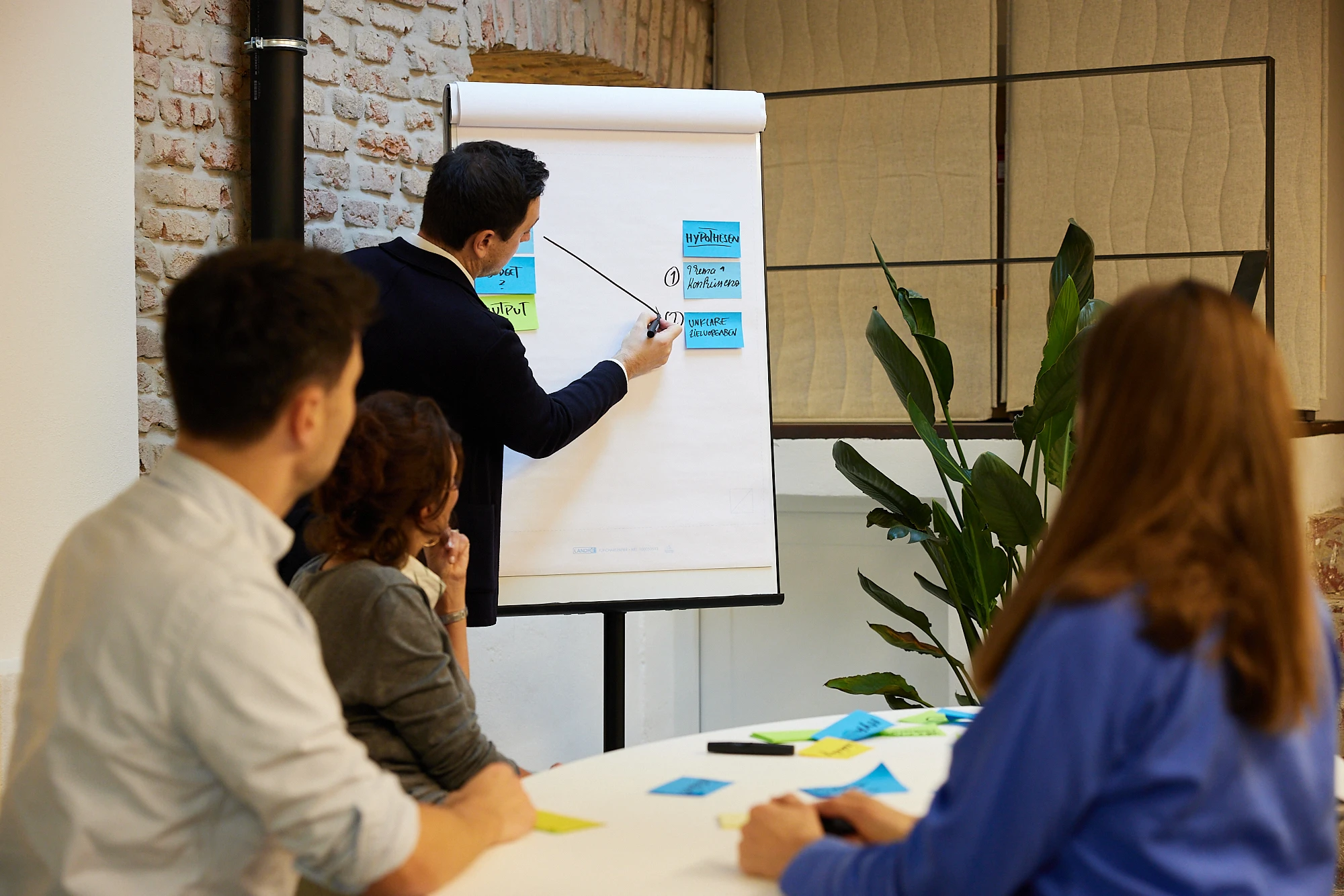 Coach erklärt Prozess des Change Management Trainings an Flipchart