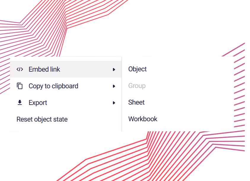 Dropdown menu with options to embed link by Object, Sheet, or Workbook, copy to clipboard, export, and reset object state, with a purple and red geometric line pattern background.