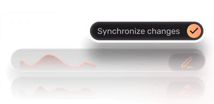 User interface window displaying two red waveform charts with edit icons and a highlighted button labeled 'Synchronize changes' with a checkmark.