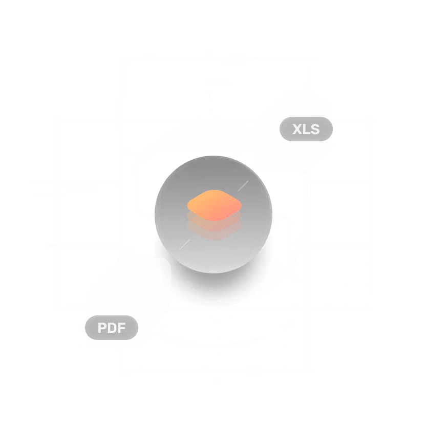 Abstract hub icon connecting layered stack icon to PDF and XLS file format labels.