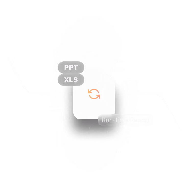 Central white block with orange sync icon connected by lines to black rounded rectangles labeled PPT, XLS, and Run-time Export over a digital binary code background.