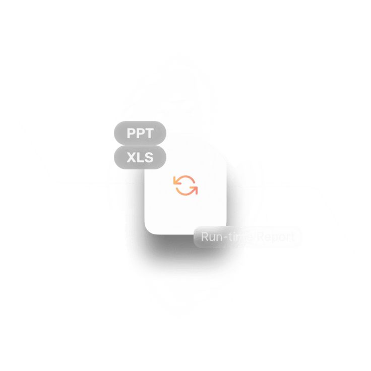 Central white block with orange sync icon connected by lines to black rounded rectangles labeled PPT, XLS, and Run-time Export over a digital binary code background.