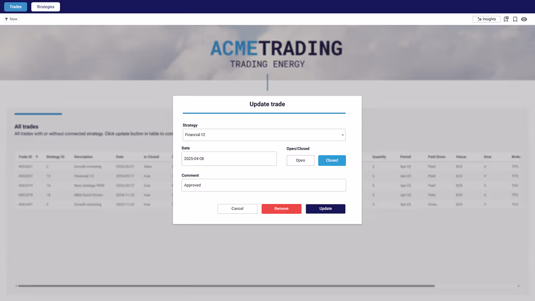 Trading platform interface showing 'Update trade' pop-up with fields for strategy, date, status as open or closed, and comment, over a list of trades.