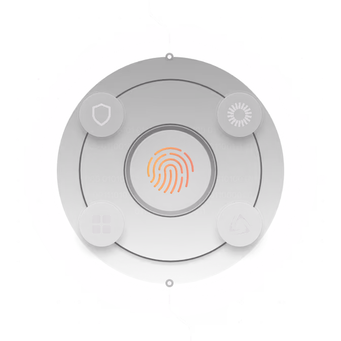 Circular digital interface with an orange fingerprint icon in the center, surrounded by four icons representing shield, loading, grid, and a triangular swirl.